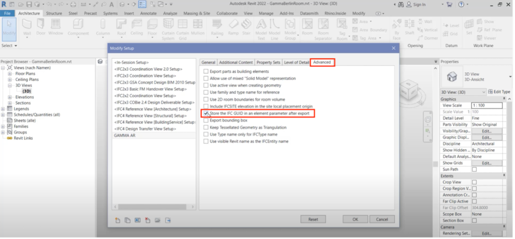 Configure the advanced tab export ifc from revit