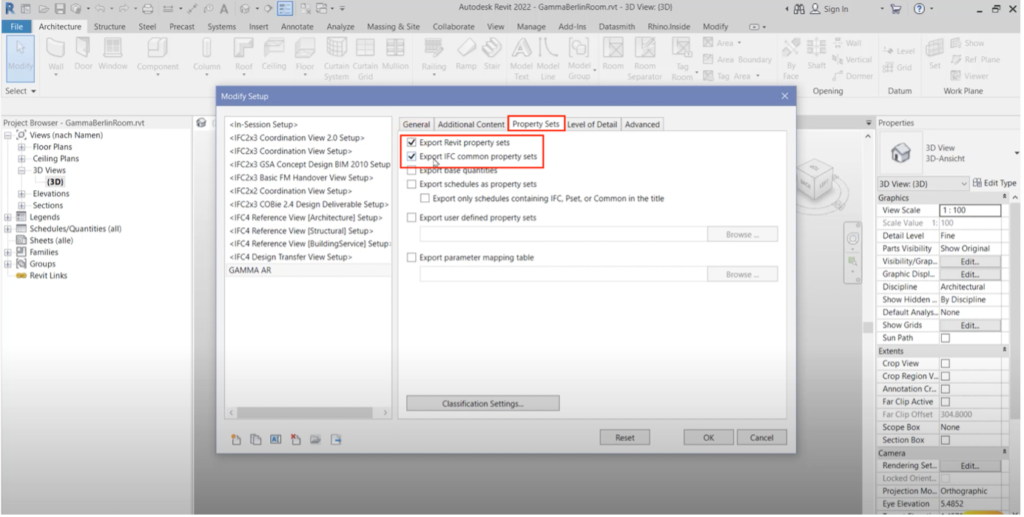 Configure the properties sets tab ifc from revit