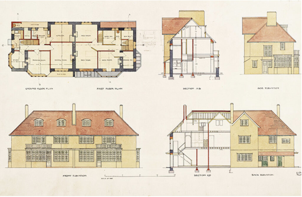 Ethel Charles - Design drawing for semi-detached houses, Falmouth, Cornwall, England, 1906