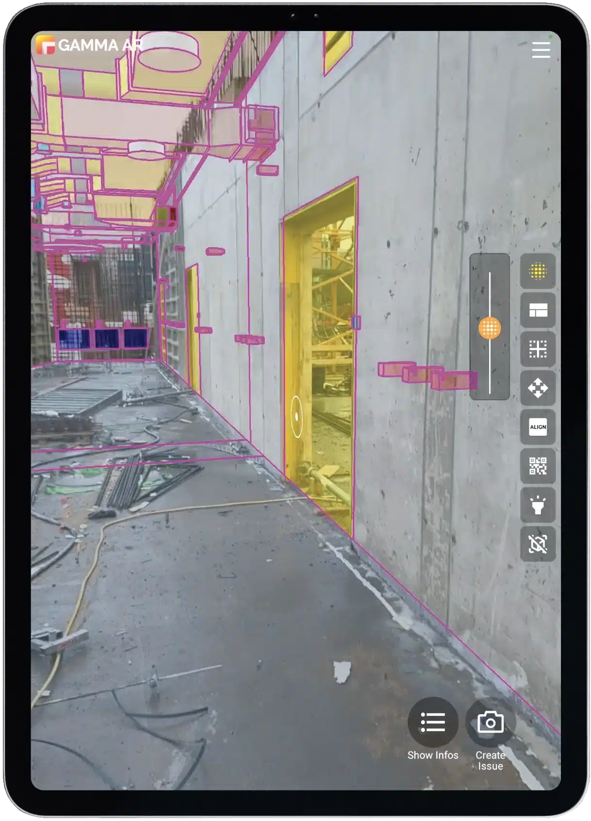 GAMMA AR app showing BIM model overlaid on the jobsite